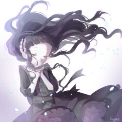  1girl black_dress black_hair blunt_bangs closed_eyes commentary_request dress frilled_hairband frills gothic_lolita hairband hardgore_alice highres lolita_fashion long_dress long_hair magical_girl mahou_shoujo_ikusei_keikaku mahou_shoujo_ikusei_keikaku_unmarked praying tears yunare 