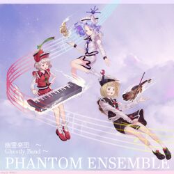  3girls black_hat black_skirt black_vest blonde_hair blue_eyes blue_hair bow_(music) commentary crescent crescent_hat_ornament dated english_commentary frilled_hat frills full_body grey_hair hat hat_ornament highres instrument keyboard_(instrument) long_sleeves lunasa_prismriver lyrica_prismriver merlin_prismriver multiple_girls musical_note musical_staff pink_hat pink_skirt pink_vest red_eyes red_hat red_skirt red_vest riki6 shirt siblings sisters skirt skirt_set socks star_(symbol) star_hat_ornament touhou translation_request trumpet vest violin white_shirt white_socks yellow_eyes 