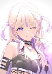  1girl armband backlighting blonde_hair breasts bridal_gauntlets choker commentary crop_top earrings hair_ornament highres hololive hololive_dev_is jewelry light_smile long_hair looking_at_viewer ohiri_0415 one_eye_closed single_bridal_gauntlet single_sleeve small_breasts solo star_(symbol) star_hair_ornament star_pendant todoroki_hajime todoroki_hajime_(black_aurora) two_side_up untranslatable_commentary upper_body v violet_eyes virtual_youtuber white_background 