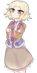  1girl absurdres blonde_hair brown_shirt brown_skirt closed_mouth commentary cookie_(touhou) cowboy_shot crossed_arms curtained_hair english_commentary frilled_sleeves frills frown green_eyes harukuru0620 headband highres joker_(cookie) long_sleeves looking_at_viewer mizuhashi_parsee pointy_ears red_headband scarf shirt short_hair simple_background skirt solo touhou white_background white_scarf 
