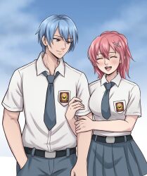  1boy 1girl arm_hug blue_hair blue_necktie blue_pants blue_skirt blue_sky blurry blurry_background breasts closed_eyes closed_mouth clouds collared_shirt commentary_request commission cowboy_shot day double-parted_bangs eiyuu_densetsu english_commentary hair_between_eyes hair_ornament hair_tie hand_in_pocket hand_on_another's_arm happy hetero highres indonesian_commentary juna_crawford kurt_vander light_blush looking_at_another medium_breasts medium_hair mixed-language_commentary necktie open_mouth pants pink_hair pleated_skirt raditya_hito school_emblem school_uniform second-party_source sen_no_kiseki_(series) sen_no_kiseki_iii shirt shirt_tucked_in short_hair short_sleeves skirt sky smile violet_eyes white_shirt x_hair_ornament 