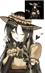  1girl absurdres black_gloves black_hair bow bowtie braid brown_bow brown_bowtie brown_eyes brown_hair brown_shirt brown_sleeves brown_streaks commentary_request elbow_gloves fingerless_gloves frilled_hat frilled_sleeves frills game_screenshot_inset gloves hair_between_eyes hat heart highres jeanne_(project_moon) korean_commentary limbus_company long_hair looking_at_viewer low_twin_braids multicolored_hair o3hww3ibdzocfre one_eye_closed open_mouth project_moon puffy_short_sleeves puffy_sleeves screenshot_inset shirt short_sleeves simple_background solo streaked_hair twin_braids upper_body white_background 