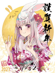  1girl absurdres animal_ears commentary_request double_v flower hair_flower hair_ornament happy_new_year highres japanese_clothes kimono kouya_no_naga_samurai long_hair nengajou new_year original rabbit_ears red_nails thomasz usamasu_(vtuber) v white_hair 