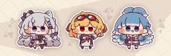  3girls :3 :d ameya_(kappadoll) apron blonde_hair blue_eyes blue_hair blush_stickers braid chibi chibi_only closed_mouth commentary full_body gloves goggles goggles_on_head grey_background grey_hair grid_background hair_ribbon highres holoh3roes hololive hololive_indonesia hood hoodie jitome kaela_kovalskia kobo_kanaeru long_hair looking_at_viewer multicolored_hair multiple_girls open_mouth outline red_eyes red_gloves red_ribbon ribbon short_hair skirt smile smug standing streaked_hair very_long_hair vestia_zeta violet_eyes virtual_youtuber white_apron white_outline white_skirt white_streaks 