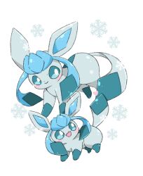  blue_eyes blush bright_pupils closed_mouth commentary_request full_body glaceon happy heart highres no_humans open_mouth pokemon pokemon_(creature) simple_background smile snowflakes tsukasa_pika white_background white_pupils 