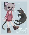  1girl animal animal_ears black_cat blue_background border brown_footwear cat cat_day cat_ears cat_girl cat_tail dated drawstring fish fish_in_mouth food_in_mouth full_body grey_hair hair_between_eyes hood hood_down hooded_jacket jacket kanikan long_sleeves looking_at_viewer medium_hair miniskirt mouth_hold original outline partially_unzipped paw_print pleated_skirt red_jacket red_skirt shoes skirt sleeves_rolled_up socks solo standing tail violet_eyes white_outline white_socks zipper_pull_tab 