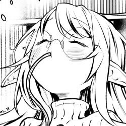  1girl aeria_(eudetenis) blush clip_studio_paint_(medium) close-up closed_eyes commentary cropped eating elf eudetenis food glasses greyscale long_hair long_pointy_ears monochrome noodles original pointy_ears portrait ramen ribbed_sweater rimless_eyewear romaji_commentary round_eyewear sidelocks slurping solo sweater turtleneck turtleneck_sweater 