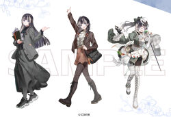  1girl :d ;d arm_up asymmetrical_footwear asymmetrical_sleeves bag belt black_gloves black_hair black_jacket black_pantyhose black_shoes black_skirt black_sweater blue_eyes blunt_bangs boots bow braid brown_boots brown_jacket brown_skirt commentary_request fold-over_boots frilled_shirt frilled_skirt frills gloves green_bow green_jacket grey_hair hair_bow hair_over_shoulder half_updo hand_up hat hime_cut hitokoto holding_baton hololive hololive_dev_is jacket juliet_sleeves juufuutei_raden juufuutei_raden_(museum_princess) knee_boots lace-up_boots long_hair long_skirt long_sleeves looking_at_viewer low_twin_braids mini_hat mini_top_hat miniskirt multicolored_hair multicolored_jacket official_alternate_costume official_art one_eye_closed pantyhose plaid_clothes plaid_skirt ponytail puffy_sleeves ribbed_sweater ritual_baton sample_watermark shirt shirt_tucked_in shoes shoulder_bag side_cape single_thigh_boot skirt smile sneakers straight_hair sweater thigh_boots top_hat turtleneck turtleneck_sweater twin_braids two-tone_hair two-tone_jacket uneven_footwear uneven_sleeves variations virtual_youtuber watermark white_belt white_boots white_gloves white_jacket white_shirt white_skirt 