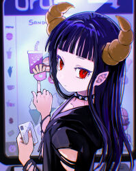  1girl black_choker blue_hair blunt_bangs card choker clip_studio_paint_(medium) closed_mouth commentary_request credit_card digital_kiosk earrings eudetenis fast_food from_behind from_side highres holding holding_card hood hood_down hoodie horns jewelry long_hair looking_at_viewer looking_back original pointy_ears red_eyes ring solo spiked_choker spikes torn_clothes torn_sleeves touchscreen upper_body 