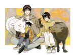  1girl 2boys animal black_eyes black_footwear black_hair black_shirt brown_jacket brown_sweater closed_mouth dog family full_body fushiguro_megumi fushiguro_touji grey_footwear grey_jacket grey_pants hand_on_another&#039;s_head highres hood hood_down jacket jujutsu_kaisen long_sleeves megumi&#039;s_mother_(jujutsu_kaisen) multiple_boys one_eye_closed pants s_o_i scar scar_on_face scar_on_mouth scarf shirt shoes short_hair sitting smile sweater white_pants yellow_scarf 