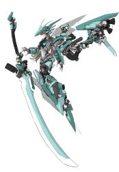  1girl absurdres armor brown_hair closed_mouth commentary_request esk_(sub_macguffin) exoskeleton exposed_internal_machinery fake_claws floating floating_object floating_weapon from_side green_armor grey_background headgear highres huge_weapon joints long_hair looking_at_viewer mecha_musume mechanical_arms mechanical_hands mechanical_legs mechanical_wings navel original profile red_eyes robot_joints science_fiction simple_background solo sword thrusters tube two-handed_sword very_long_hair weapon wings 
