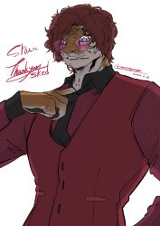  1boy adjusting_clothes adjusting_necktie black_necktie black_shirt collared_shirt commentary dated dress_shirt finger_under_clothes furry furry_male hand_on_own_hip highres loose_necktie male_focus marimoyasya necktie original parted_bangs partially_unbuttoned pink-tinted_eyewear red_hair red_shirt shirt signature striped_clothes striped_shirt sunglasses tiger_boy tiger_stripes tinted_eyewear upper_body vertical-striped_clothes vertical-striped_shirt vest waistcoat wavy_hair white_background 
