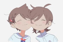  1boy 1girl ahoge bin_aham braid brown_hair buttons closed_eyes closed_mouth collared_shirt florian_(pokemon) hair_ornament heads_together highres jacket juliana_(pokemon) pokemon pokemon_scarlet_and_violet shirt short_hair simple_background white_background white_jacket white_shirt 