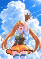  1girl :d ahoge belt blue_sky brown_belt brown_gloves brown_hair clouds commentary_request cowboy_shot cropped_jacket day double-parted_bangs eiyuu_densetsu estelle_bright fingerless_gloves floating_hair gloves hair_between_eyes hair_intakes highres jacket leather leather_belt leather_gloves light_rays long_hair nekosuzuan_22 open_clothes open_hand open_jacket open_mouth orange_skirt outstretched_arm red_eyes short-sleeved_jacket short_sleeves skirt sky smile solo sora_no_kiseki sora_no_kiseki_sc sun_glare thigh-highs twintails underbust very_long_hair white_jacket white_thighhighs 