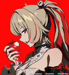  1girl apple bare_shoulders black_shirt blonde_hair blood blood_on_hand breasts claret_flint commentary detached_sleeves food from_side fruit hair_intakes hair_ornament hair_ribbon highres holding holding_food holding_fruit large_breasts long_hair looking_at_viewer multicolored_hair open_mouth pixiv_username portrait red_background red_eyes red_nails red_ribbon ribbon shirt simple_background skrillex_li solo sphere_hair_ornament streaked_hair twintails twitter_username weibo_username zenless_zone_zero 