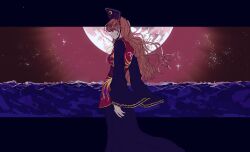  1girl black_dress black_hat blonde_hair breasts chinese_clothes closed_mouth commentary_request commission crescent_print dalachi_(headdress) dress dubiansuhai earth_(planet) feet_out_of_frame from_side hat highres junko_(touhou) letterboxed long_hair long_sleeves medium_breasts neck_ribbon ocean outside_border phoenix_print planet profile red_eyes red_tabard ribbon sidelocks sky solo split_mouth standing star_(sky) starry_sky tabard touhou very_long_hair water wide_sleeves yellow_ribbon 