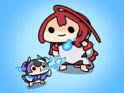  2girls absurdres achichi_mela ahoge aqua_hair black_hair blue_fire blue_hair breath_weapon breathing_fire commentary dress elizabeth_rose_bloodflame elizabeth_rose_bloodflame_(1st_costume) fire happi height_difference highres hololive hololive_english horns japanese_clothes keenbiscuit long_hair multicolored_hair multiple_girls purple_hair red_hair smile split-color_hair tail twintails untranslatable_commentary virtual_youtuber 