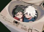  2boys ahoge alternate_costume brown_eyes brown_hair closed_mouth danganronpa_(series) danganronpa_2:_goodbye_despair famima_de_neppuri frown grey_eyes highres hinata_hajime komaeda_nagito looking_up male_focus multiple_boys short_hair washing_machine white_hair 