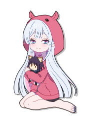  1girl atem1020y blue_eyes blue_nails character_doll cho_kaguya-hime! closed_mouth commentary_request doll highres hood hood_up jacket multicolored_eyes nail_polish pink_jacket runami_yachiyo sakayori_iroha sakayori_iroha_(tsukuyomi) simple_background solo toenail_polish toenails two-tone_eyes violet_eyes white_background 