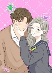  1boy 1girl allegro365sui artist_name azuma_shino_(seihantai_na_kimi_to_boku) blue_eyes blue_sailor_collar blush brown_eyes brown_hair brown_sweater cheek_pinching commentary_request green_neckerchief grey_hair hair_behind_ear hand_on_another's_chin heart hetero highres long_hair long_sleeves looking_at_viewer neckerchief parted_bangs pinching pink_background sailor_collar school_uniform seihantai_na_kimi_to_boku serafuku short_hair smile speech_bubble sweater taira_shuuji twitter_username upper_body 