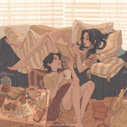  2girls aqua_hair bag_of_chips bare_legs barefoot blanket book brown_shirt brown_shorts brown_theme cable candy cellphone coffee_mug commentary_request cookie_jar couch cup curtains dated_commentary electric_fan food glasses hair_spread_out highres holding holding_cup jewelry knees_up limited_palette long_hair looking_at_another looking_to_the_side lying maybe_kizuna mug multiple_girls multiple_rings no_pants on_couch on_floor open_book open_mouth original parted_lips phone pillow reading reclining ring shirt short_hair short_shorts short_sleeves shorts slice_of_life smartphone smile table tissue_box window_blinds wrapped_candy yuri 