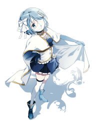  1girl absurdres ayumaru_(art_of_life) bandage_over_one_eye bandaged_head bandages blue_boots blue_eyes blue_gloves blue_hair blue_skirt boots bow cape cape_hold covered_mouth fortissimo full_body gloves hair_bow hair_ornament hairclip hand_on_own_hip highres magical_girl mahou_shoujo_madoka_magica mahou_shoujo_madoka_magica:_walpurgis_no_kaiten miki_sayaka miki_sayaka_(magical_girl) musical_note musical_note_hair_ornament one_eye_covered pleated_skirt short_hair simple_background single_thighhigh skirt solo standing thigh-highs white_background white_bow white_cape white_thighhighs 