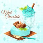  artist_name bear blue_background candy chocolate chocolate_bar chocolate_chip chocomiruki coffee commentary_request english_text food food_focus fork glass grid_background leaf napkin no_humans original pudding sparkle whipped_cream 