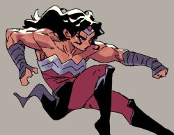  1girl absolute_dc absolute_wonder_woman amazon_warrior arm_wrap black_hair blue_eyes commentary dc_comics fishnet_leotard fishnets grey_background leotard long_hair messy_hair muscular muscular_female nycnouu simple_background sketch solo superhero_costume untranslatable_commentary wonder_woman wonder_woman_(absolute_dc) 