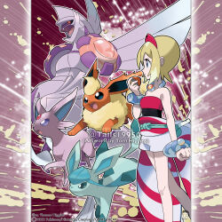  1girl absurdres artist_name bare_shoulders black_sclera blonde_hair blue_eyes clenched_hand closed_mouth colored_sclera commentary company_name copyright_notice english_commentary espeon eyelashes fangs flareon forehead_jewel from_side glaceon hairband highres hisuian_poke_ball holding holding_poke_ball irida_(pokemon) merchandise_available official_style open_mouth outline palkia palkia_(origin) poke_ball pokemon pokemon_(creature) pokemon_legends:_arceus pokemon_team purple_sclera red_eyes red_hairband short_hair shorts smile standing tom_higgins watermark white_eyes white_outline white_shorts 