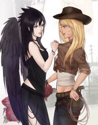  2girls alternate_costume angel_wings belt black_choker black_eyes black_hair black_shirt black_skirt black_wings bleerghw blonde_hair blue_eyes bracelet brown_belt brown_hat brown_jacket choker commentary cowboy cowboy_hat denim ear_piercing earrings eyebrow_piercing face_piercing genderswap genderswap_(mtf) grabbing_another's_jacket gun hat highres holding_lasso holster jacket jeans jewelry lasso long_hair looking_at_another mouth_piercing multiple_belts multiple_girls multiple_necklaces naruto_(classic) naruto_(series) necklace pants piercing ring shirt silver_bracelet silver_earrings silver_ring skirt spiky_hair teeth thigh_holster uchiha_sasuke uzumaki_naruto weapon whiskers white_shirt wings 