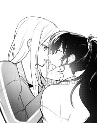  2girls asahina_mafuyu blush commentary ear_blush eye_contact from_side greyscale hand_on_another's_chin highres imminent_kiss jacket kskn0sk long_hair long_sidelocks long_sleeves looking_at_another monochrome multiple_girls open_clothes open_jacket open_mouth ponytail profile project_sekai screentones shirt sidelocks simple_background straight_hair upper_body yoisaki_kanade yuri 