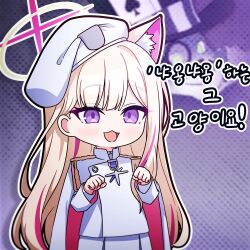  1girl beret blonde_hair blonde_student_council_president_(blue_archive) blue_archive commentary_request goz_(blue_archive) halo hat long_hair multicolored_hair multicolored_halo red_hair red_halo samess_333 shirt shoulder_strap two-tone_hair two-tone_halo violet_eyes white_hat white_shirt yellow_halo 