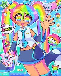 ! 1girl :3 absurdres ahoge alternate_hair_color aqua_necktie artist_name awesome_face base_(art) blue_skirt blush bow clouds club_penguin collared_shirt colorful commentary desktop_ponies detached_sleeves emoticon english_commentary eyelashes fingernails hair_between_eyes hatsune_miku highres inky_trash lick_icon_base_(sketchmichi) littlest_pet_shop lol_comics long_hair lps_persian_1436 microsoft_windows midriff multicolored_eyes multicolored_hair multicolored_nails my_little_pony my_little_pony:_friendship_is_magic nail_polish navel necktie nyan_cat outline pixel_art_inset puffle_(club_penguin) rainbow_dash rainbow_eyes rainbow_hair rainbow_theme shirt skirt sleeves_past_fingers sleeves_past_wrists smile smile_on_rainbow_flower!! smiley_face sparkle speech_bubble standing standing_on_one_leg star_(symbol) star_in_eye symbol_in_eye taskbar tongue tongue_out twintails vocaloid waving white_outline white_shirt windows_xp 