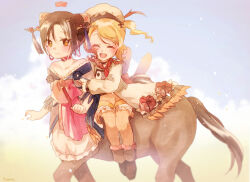  2girls black_hair blonde_hair blush clantail closed_eyes closed_mouth commentary_request cross_hair_ornament frilled_skirt frilled_thighhighs frills hair_ornament hat hat_feather highres horns japanese_clothes lolita_fashion magical_girl mahou_shoujo_ikusei_keikaku mahou_shoujo_ikusei_keikaku_restart monster_girl multicolored_hair multiple_girls open_mouth pechika_(mahoiku) red_hair short_hair sitting skirt smile tassel taur thigh-highs wa_lolita wide_sleeves yellow_eyes yunare 