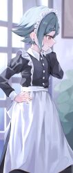  1girl absurdres blue_hair blush brown_eyes button_gap commentary_request dress hand_on_own_hip highres komada_kako maid mono_(afro) nene_(neneeeeeillust) sharp_teeth teeth window 