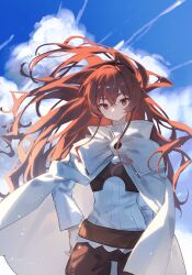  1girl belt black_hairband brown_pants chest_guard cloak closed_mouth clouds commentary cowboy_shot crossed_bangs day eris_greyrat floating_hair hair_between_eyes hair_spread_out hairband hand_on_own_hip hezi_(measukivov) highres long_hair long_sleeves looking_at_viewer mushoku_tensei pants red_eyes red_hair shirt sky solo twitter_username untranslatable_commentary very_long_hair white_cloak white_shirt 