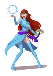  1girl blue_boots blue_dress blue_eyes boots breasts brother-tico casting_spell contrapposto dress electricity energy energy_ball fantasy full_body high_heels highres holding holding_weapon long_hair long_sleeves magic open_mouth original puffy_short_sleeves puffy_sleeves red_eyes short_sleeves simple_background solo teeth thigh_boots upper_teeth_only weapon white_background white_boots white_dress 
