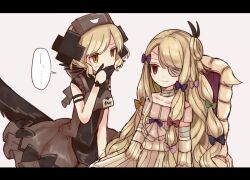  2girls animal_print bird_print black_bow black_dress black_gloves blonde_hair blue_bow bow butter_run closed_mouth commentary_request dress eyepatch frilled_dress frills gloves green_bow grey_hair hair_ornament hat highres long_hair magical_girl mahou_shoujo_ikusei_keikaku mahou_shoujo_ikusei_keikaku_restart multiple_girls nurse_cap pfle pink_bow purple_bow red_eyes shadowgale short_hair sitting smile wheelchair x_hair_ornament yellow_bow yellow_eyes 