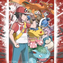  1boy =_= absurdres adjusting_clothes adjusting_headwear aqua_eyes artist_name backpack bag baseball_cap blastoise blue_pants bracelet bright_pupils brown_eyes brown_hair cannon charizard claws closed_eyes closed_mouth colored_sclera commentary company_name copyright_notice dragon dragon_wings english_commentary espeon fangs flower forehead_jewel from_side hand_on_headwear hat highres holding holding_poke_ball jewelry leaf male_focus merchandise_available nostrils official_style open_mouth outline pants pikachu pink_flower poke_ball poke_ball_(basic) pokemon pokemon_(creature) pokemon_sun_and_moon pokemon_team purple_sclera red_(pokemon) red_eyes red_hat shirt short_hair short_sleeves smile snorlax split_mouth standing t-shirt tom_higgins tongue venusaur watermark white_eyes white_outline white_pupils white_shirt wings yellow_bag 
