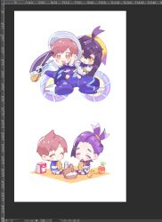  2boys :d ahoge applin arm_up bin_aham brown_eyes brown_hair chibi chibi_only commentary_request florian_(pokemon) food grey_hat hairband hat holding holding_food holding_sandwich kieran_(pokemon) korean_commentary male_focus miraidon multiple_boys open_mouth picnic_basket pokemon pokemon_(creature) pokemon_scarlet_and_violet riding riding_pokemon sandwich shirt short_hair short_sleeves shorts sitting smile thermos white_background yellow_eyes yellow_hairband 