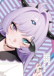  1girl :3 ahoge black_choker black_horns blue_eyes choker closed_mouth commentary_request demon_horns hair_ornament heart heart_hair_ornament heterochromia highres holding holding_removed_eyewear horns jewelry long_hair looking_at_viewer moudoku_denpa_shoujo_purple_lollipop multicolored_hair nail_polish needy_girl_overdose needy_girl_overdose_(anime) official_art ohisashiburi pink_nails portrait purple_hair purple_nails ring second-party_source sideways smile solo spiked_choker spikes striped_background sunglasses unworn_eyewear violet_eyes 