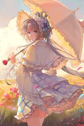  1girl artist_request blue_eyes blue_flower bonnet bow capelet classic_lolita closed_mouth clouds cloudy_sky cosmos_(flower) cowboy_shot cross-laced_clothes cross-laced_dress dress falling_petals field floating_hair flower flower_field frilled_capelet frilled_dress frilled_sleeves frilled_umbrella frills from_behind grass green_eyes grey_hair hair_bow hair_ornament hair_rings hat hat_bow highres holding holding_umbrella layered_dress lolita_fashion long_hair long_sleeves looking_at_viewer looking_back low_twintails luo_tianyi meadow non-web_source outdoors parasol petals pink_flower pink_umbrella plaid_clothes plaid_skirt purple_flower red_flower shawl sidelocks skirt sky smile solo standing striped_bow striped_clothes striped_dress sweet_lolita thigh-highs tulip twintails two-tone_dress umbrella umbrella_over_shoulder very_long_hair vocaloid vsinger_(vocaloid) white_capelet white_dress white_flower white_hat white_thighhighs wide_sleeves wind wind_lift 
