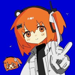  1girl a.i._voice adachi_rei black_shirt blue_background chromatic_aberration closed_mouth commentary_request gloves jacket jaggy_lines looking_at_viewer medium_hair open_clothes open_jacket orange_eyes orange_hair sakakiai shirt simple_background smile upper_body utau v white_gloves white_jacket 