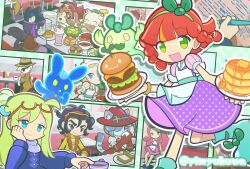  4boys 6+girls ^_^ alan_(puyopuyo) alternate_costume animal animal_ear_headwear animal_ears apple_pie apron aqua_boots aqua_sash bandaged_head bandages bandana black_eyes black_hair black_hat blonde_hair blue_eyes blue_sash blue_sweater blush_stickers boots bow bow_hairband bracelet braid brown_coat brown_hat burger cat_boy cat_ears cat_girl checkered_floor closed_eyes closed_mouth coat coffee comedic_sweatdrop comic_background commentary_request creature crescent crescent_hair_ornament cup daniel_(puyopuyo) diner dog_boy dog_ears dot_mouth dress drinking_straw eating eyepatch eyeshadow eyewear_on_head eyewear_on_headwear familiar fedora fish floating food french_fries glasses gloves gourmya_(puyopuyo) green_bow green_eyes green_hair green_hairband green_hat hair_ornament hairband hand_on_own_cheek hand_on_own_face hand_up hat hat_with_ears holding holding_animal holding_cup holding_fish holding_pen holding_plate ice_cream indoors ingil_(puyopuyo) jacket jewelry kikimora_(puyopuyo) komana long_hair looking_at_another maid_headdress makeup marvett_(puyopuyo) meatball medium_hair mr._rabbisuke multiple_boys multiple_girls official_alternate_costume official_style one_eye_covered open_mouth orange_dress orange_hair orange_hairband outline pancake pancake_stack paper pasta pen pie pie_slice pimyuhuwa pink_dress pink_hair plate plate_stack polka_dot polka_dot_dress ponytail puffy_short_sleeves puffy_sleeves purple_dress purple_eyeshadow puyopuyo puyopuyo_quest rabbit raina_(puyopuyo) red_bandana red_gloves red_hair red_hat red_vest rosalie_(puyopuyo) rozema_(happy_diner)_(puyopuyo) rozema_(puyopuyo) sandwich sash short_hair short_sleeves side_braids sitting smile spaghetti spaghetti_and_meatballs standing standing_on_one_leg sunglasses sweater table teacup tondury_(puyopuyo) twitter_username vertical-striped_sleeves very_long_hair vest waitress white_apron white_gloves white_outline writing yellow_jacket 