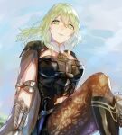  1girl abinosu0903 armor bodice breasts bustier byleth_(female)_(fire_emblem) byleth_(fire_emblem) cape closed_mouth clothing_cutout dagger fire_emblem fire_emblem:_three_houses green_hair hair_between_eyes highres knife large_breasts looking_at_viewer mature_female medium_hair navel_cutout outdoors pantyhose pantyhose_under_shorts patterned_legwear print_pantyhose shorts sitting sky solo tree vambraces weapon 