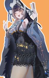  1girl absurdres black_dress black_hair blunt_bangs blush closed_eyes dress highres hololive hololive_dev_is juufuutei_raden murechika open_mouth orange_background smile v 