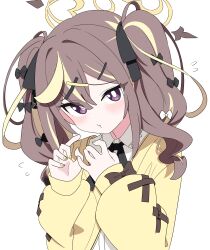  1girl absurdres blue_archive blush bow bright_pupils brown_hair brown_halo cardigan commentary_request cross-laced_clothes cross-laced_sleeves double-parted_bangs fukunao hair_bow hair_ornament halo highres long_hair long_sleeves looking_at_viewer multicolored_hair multicolored_halo multiple_hair_bows rena_(blue_archive) ribbon shirt simple_background sleeves_past_wrists solo streaked_hair twintails two-tone_halo violet_eyes white_background white_pupils white_shirt yellow_cardigan yellow_halo yellow_nails 