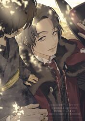  2boys aged_down asao_tatsuomi brown_hair capelet carrying carrying_person child commentary_request dappled_sunlight dirty dirty_clothes dirty_face fedora fur_capelet gold_ring grey_eyes grey_kimono hat holding holding_unworn_clothes holding_unworn_hat igeta_(pattern) japanese_clothes kamen_rider kamen_rider_my-th_(series) kimono looking_at_another looking_to_the_side male_focus minetaka_kamuri multiple_boys necktie parted_hair pinstripe_pattern pinstripe_suit red_capelet red_necktie shirt short_hair shoulder_carry smile suit sunlight tkst_ayaka tokusatsu unworn_hat unworn_headwear upper_body white_shirt 