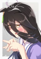  1girl ahoge animal_ears black_hair blush bow bowtie commentary_request ear_tag earrings hair_between_eyes highres horse_ears horse_girl interlocked_fingers jewelry long_bangs long_hair long_hair_between_eyes manhattan_cafe_(umamusume) multicolored_hair open_mouth puffy_short_sleeves puffy_sleeves purple_bow purple_bowtie purple_shirt sailor_collar sailor_shirt school_uniform shirt short_sleeves single_earring solo sweat tracen_school_uniform umamusume umayonyosi upper_body white_hair white_sailor_collar yellow_eyes 