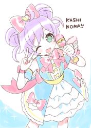  1girl :d ;d ahoge blue_dress bow cowboy_shot double_bun dress green_eyes hair_bow hair_bun highres holding holding_microphone idol_time_pripara kashikoma! looking_at_viewer manaka_laala manaka_laala_(normal) microphone one_eye_closed open_mouth pink_bow pretty_series pripara purple_hair rn10r short_hair sleeveless sleeveless_dress smile solo standing v v_over_eye 